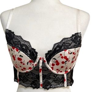 Adore Me Cherry Print Satin Lace Longline Bralette – 34D NWOT